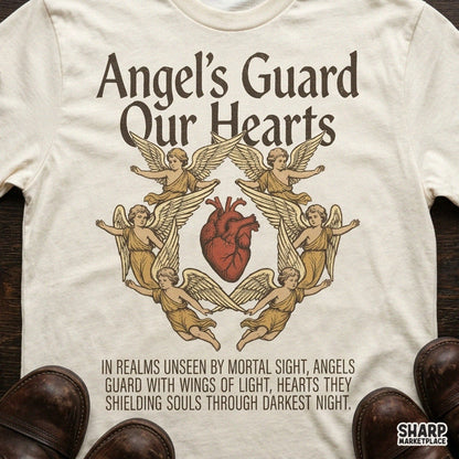 Gothic vintage Christian PNG art with anatomical heart and cherub guard design for faith-based shirt transfers