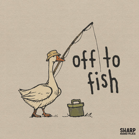 Hand-drawn white goose wearing a bucket hat and holding a fishing rod next to a green tackle box with the text off to fish for summer apparel.