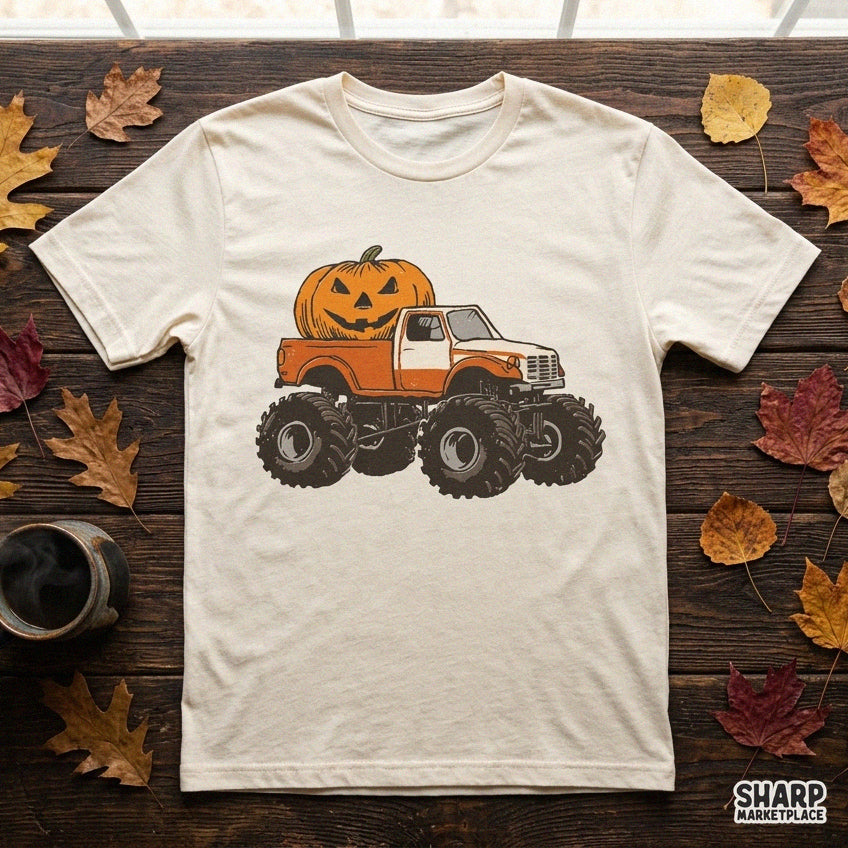 Retro monster truck jack o lantern pumpkin graphic for boys halloween t-shirt sublimation png design