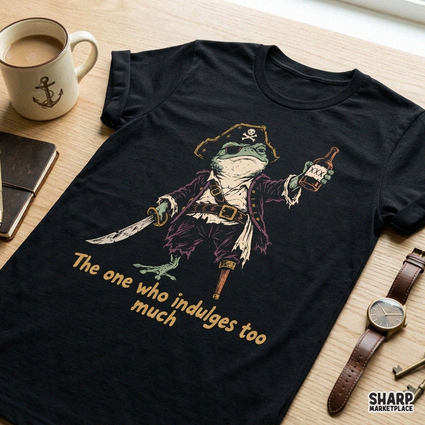 Funny pirate frog drinking rum retro illustration PNG design for sarcastic summer cruise t-shirts