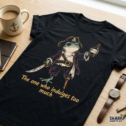 Funny pirate frog drinking rum retro illustration PNG design for sarcastic summer cruise t-shirts