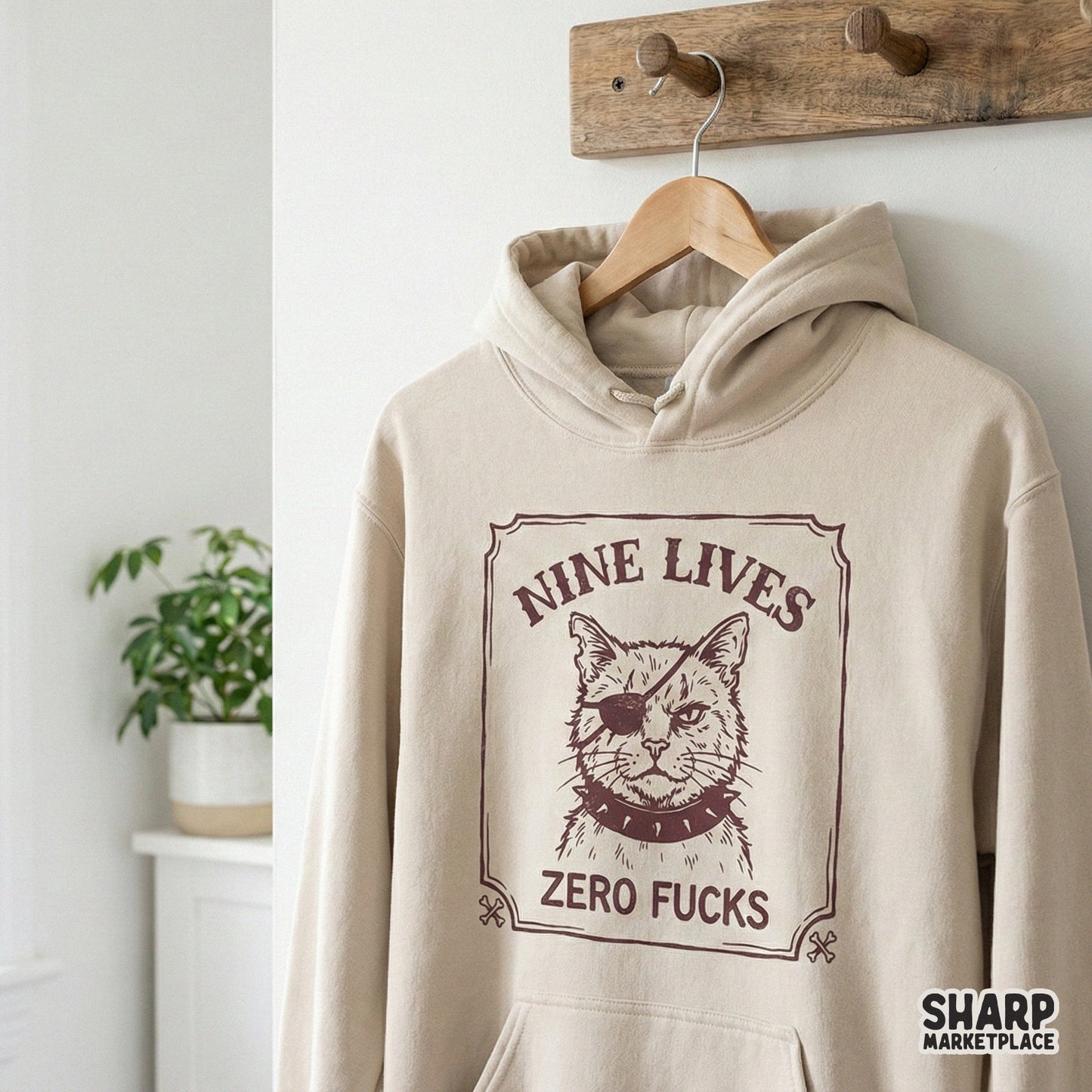 Rebellious cat design with an eyepatch and spiked collar, featuring distressed typography for sarcastic t-shirt prints, sublimation transfers, and DIY gifts.