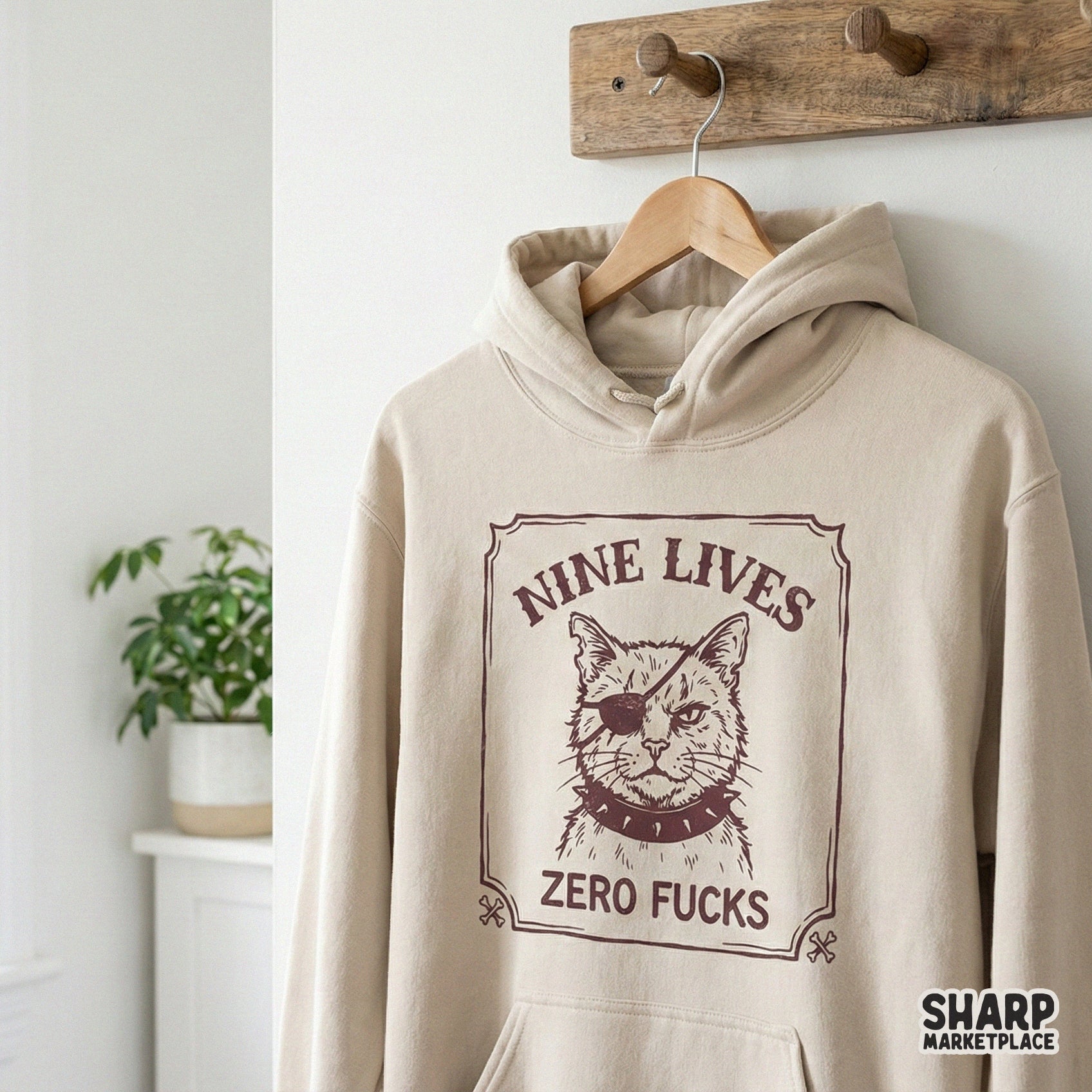 Rebellious cat design with an eyepatch and spiked collar, featuring distressed typography for sarcastic t-shirt prints, sublimation transfers, and DIY gifts.