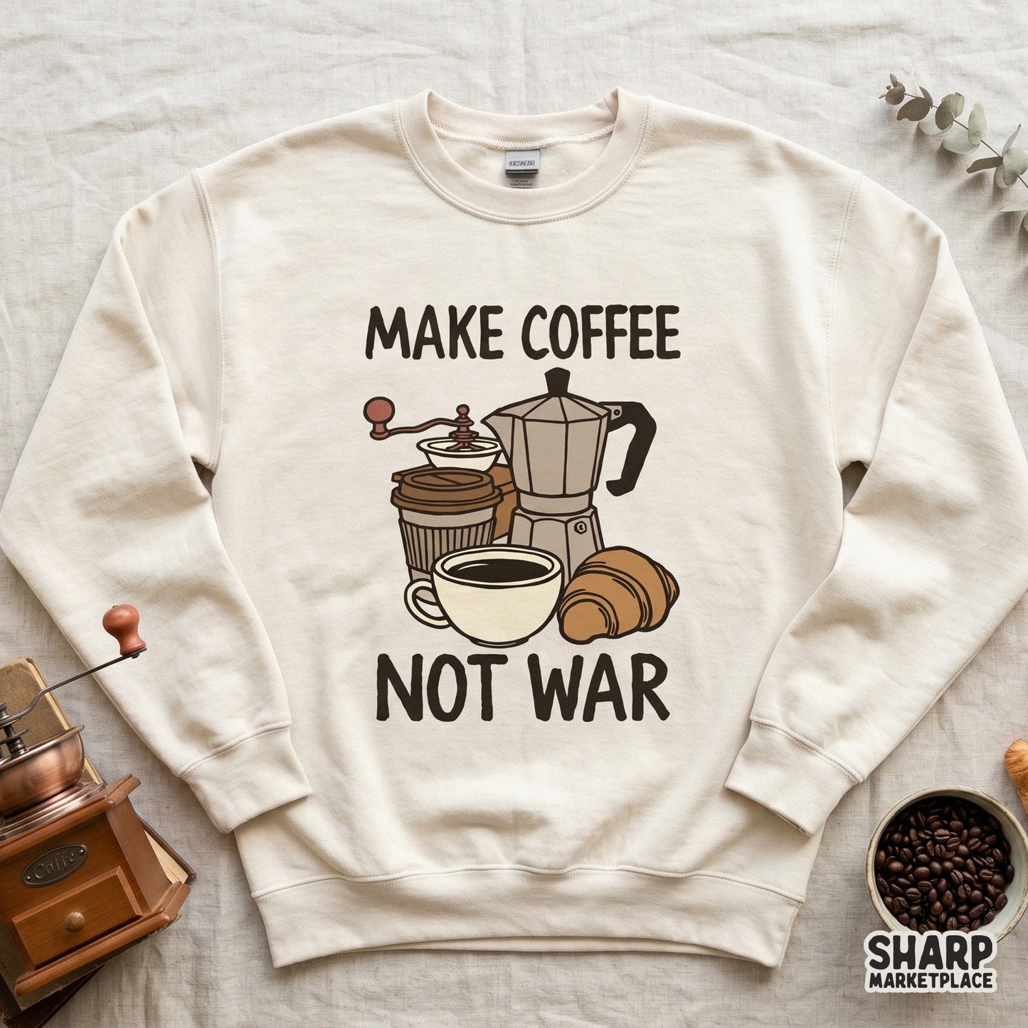 Digital sublimation design with a warm color palette showing a manual coffee grinder, moka pot, and croissant for custom apparel or stickers.