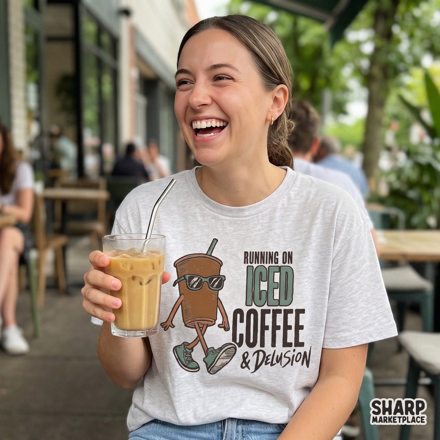 Retro iced coffee walking cup graphic with a sarcastic quote for funny t-shirts and stickers