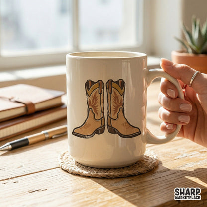 Weathered cowboy boots digital art featuring a warm color palette, suitable for creating custom tumblers, western apparel, and printable wall art.