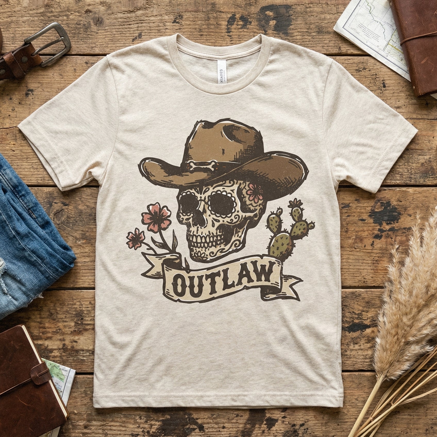 Outlaw PNG Skull, Western Floral Cowboy Hat PNG - 300 DPI Design for