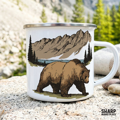 Rustic grizzly bear and mountain landscape illustration, perfect for wilderness-themed sublimation transfers, wall art, and outdoor enthusiast gifts.