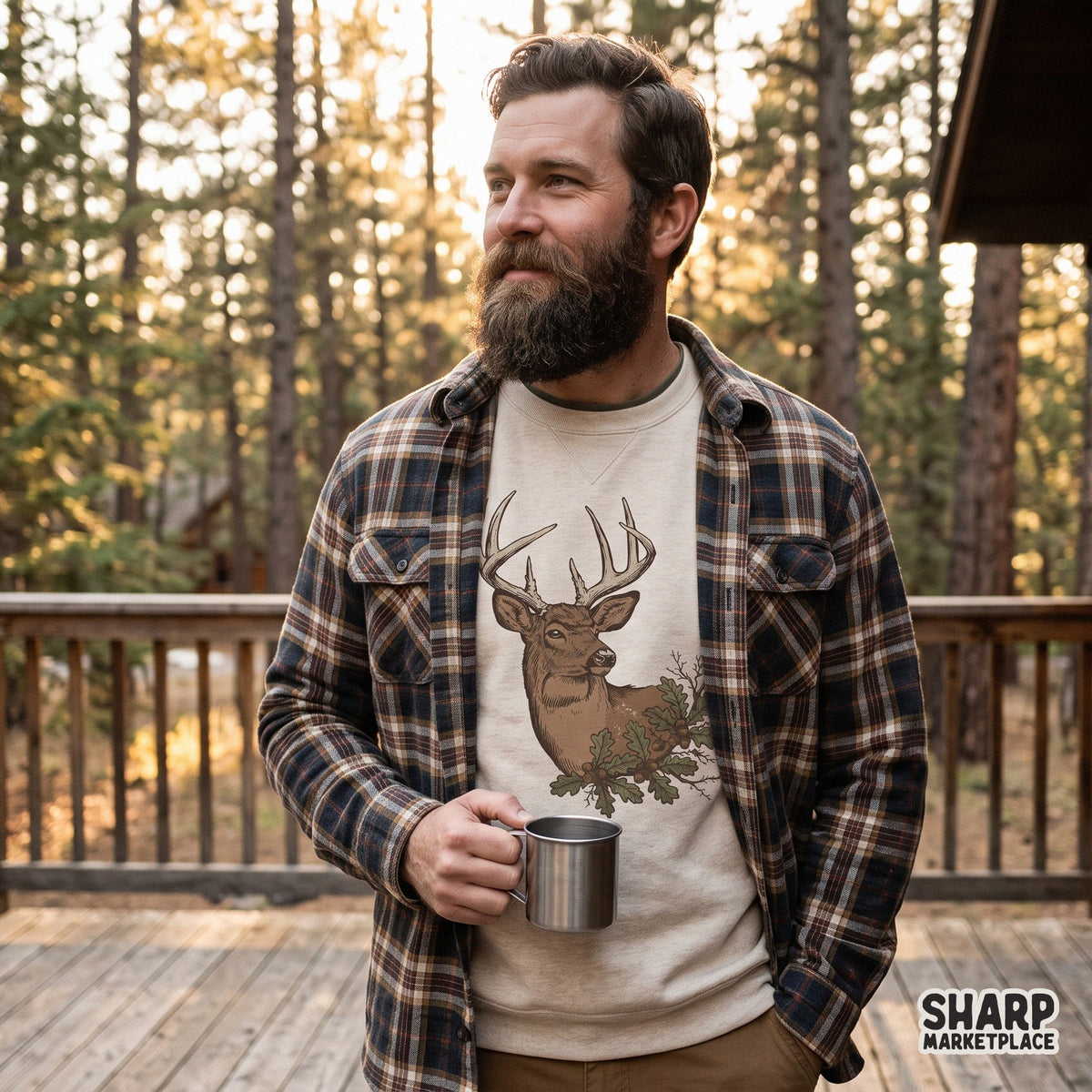 Vintage buck deer head surrounded by oak leaves and acorns fall sublimation graphic for hunting t-shirt design