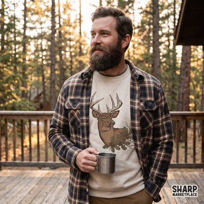 Vintage buck deer head surrounded by oak leaves and acorns fall sublimation graphic for hunting t-shirt design