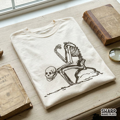 A dark gothic skeleton design printed on a light-colored t-shirt, featuring a macabre, hand-drawn aesthetic perfect for edgy apparel.