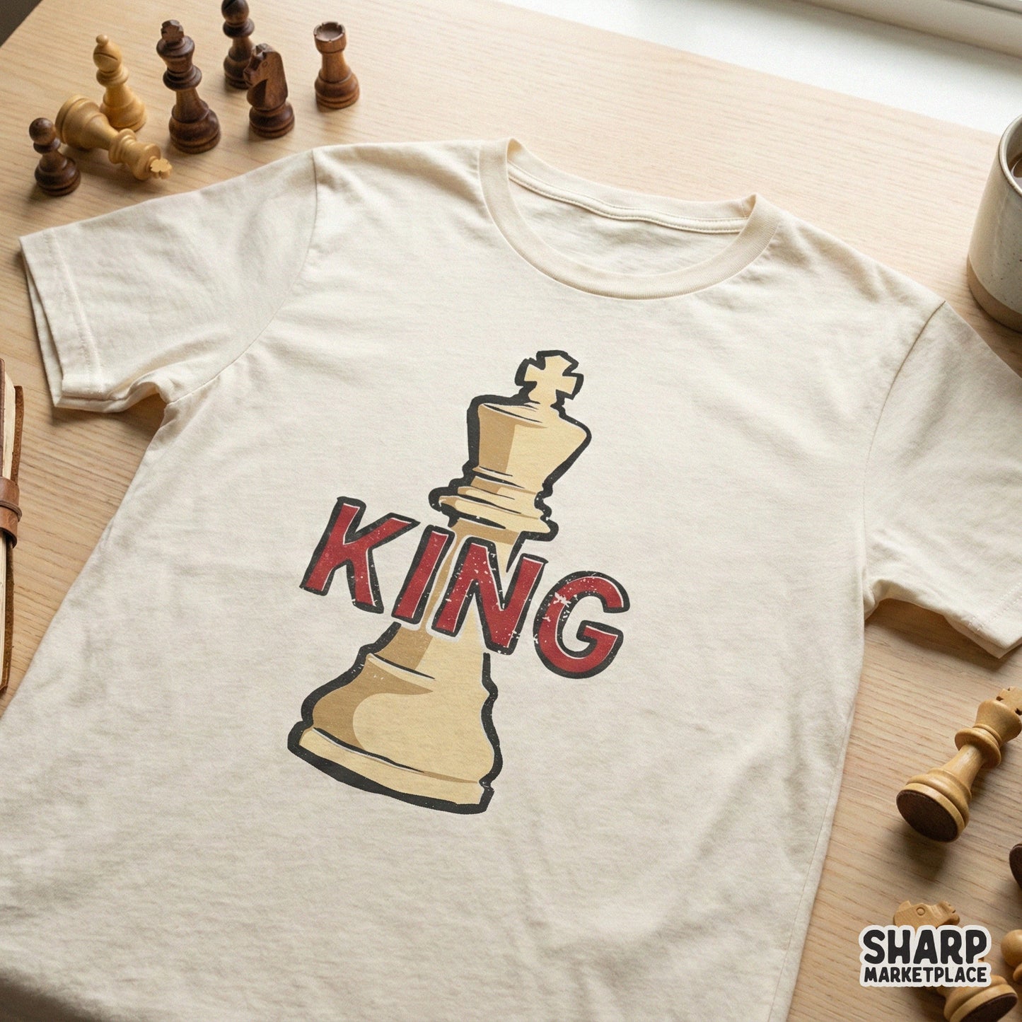 Retro chess king design featuring a cream-colored piece and red serif text on a t-shirt mockup, ideal for custom gamer apparel.