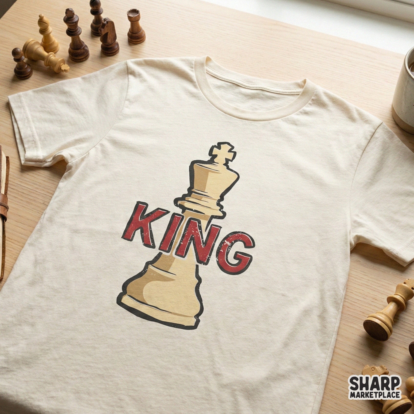 Retro chess king design featuring a cream-colored piece and red serif text on a t-shirt mockup, ideal for custom gamer apparel.