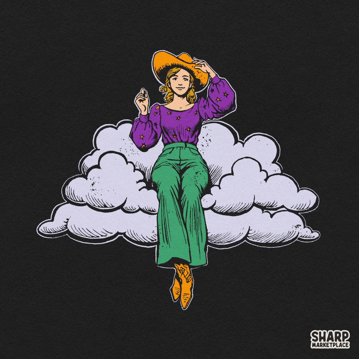 Whimsical Cowgirl Sitting On Fluffy Cloud, Trendy Retro
