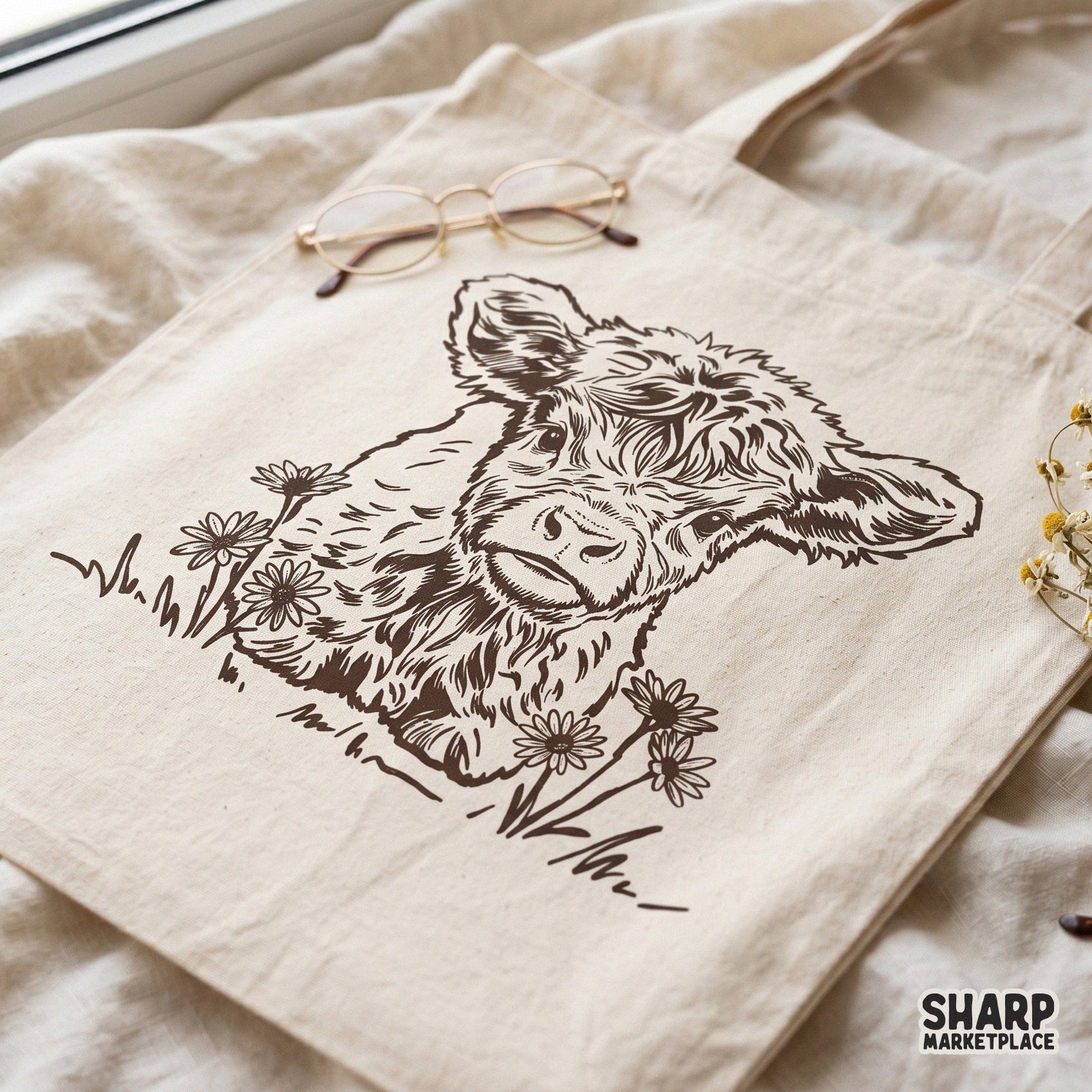 Vintage-style monochromatic sketch of a baby cow with fluffy fur and wildflowers, ideal for creating trendy western shirts and stickers.