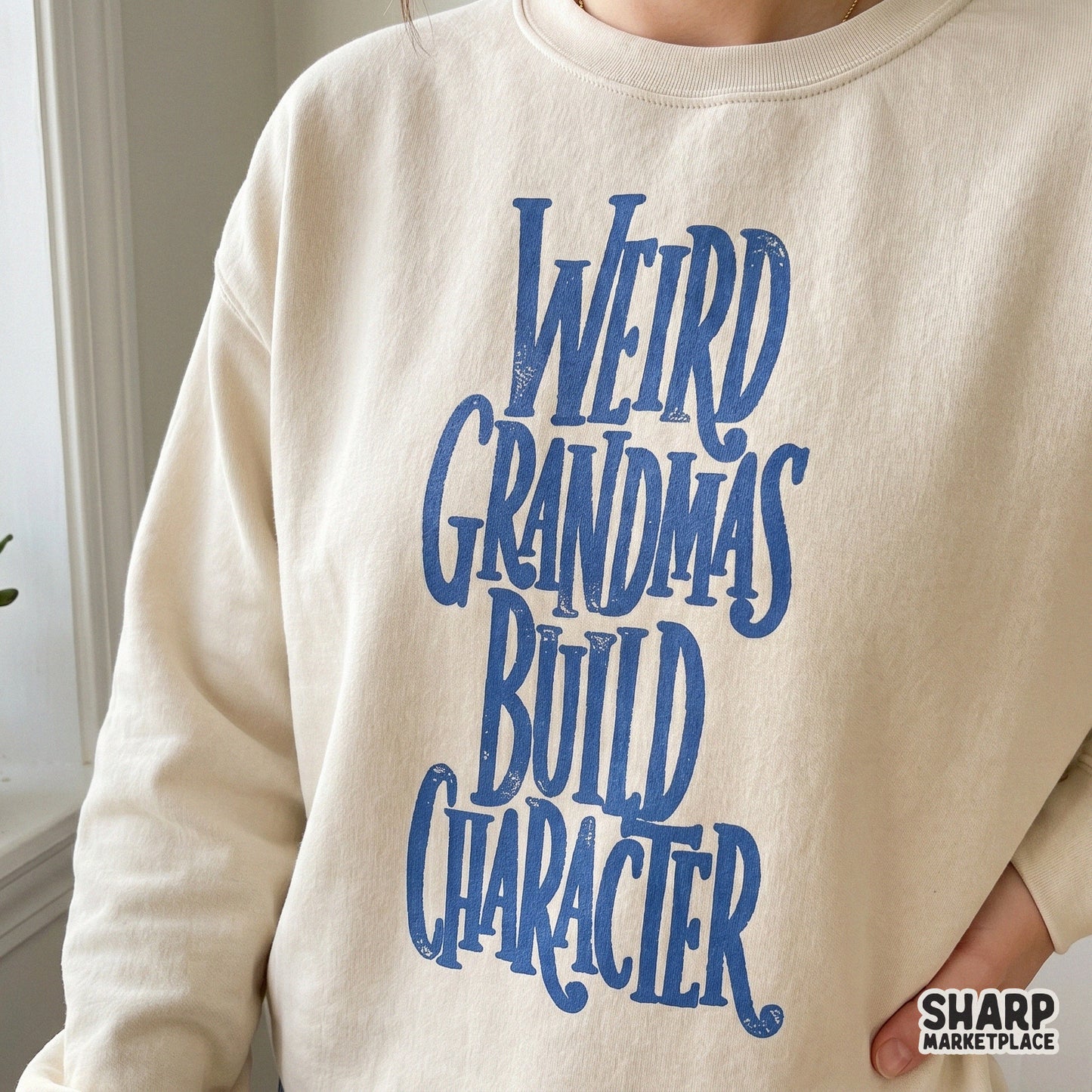 Textured blue lettering that says Weird Grandmas Build Character, designed for high-quality sublimation transfers and custom family-themed merchandise.