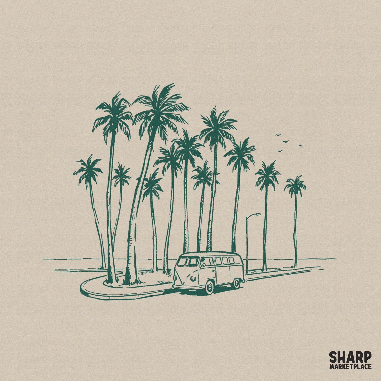Hand-drawn forest green illustration of a vintage van parked on a coastal road under palm trees, perfect for summer apparel and sublimation.