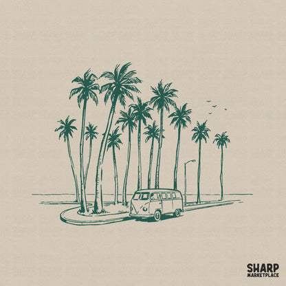 Hand-drawn forest green illustration of a vintage van parked on a coastal road under palm trees, perfect for summer apparel and sublimation.