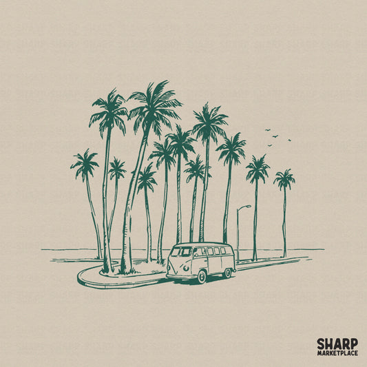 Hand-drawn forest green illustration of a vintage van parked on a coastal road under palm trees, perfect for summer apparel and sublimation.