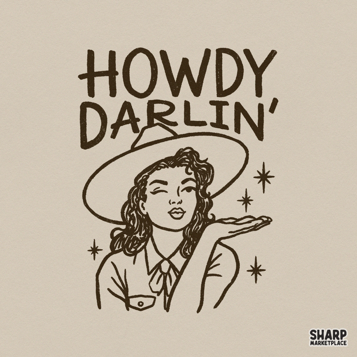 Vintage western cowgirl illustration with a winking woman blowing a kiss, featuring the text Howdy Darlin in brown ink for sublimation and apparel.