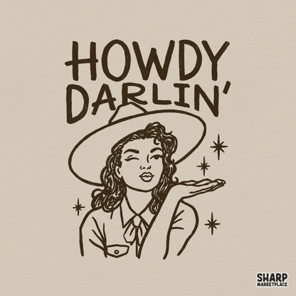 Vintage western cowgirl illustration with a winking woman blowing a kiss, featuring the text Howdy Darlin in brown ink for sublimation and apparel.