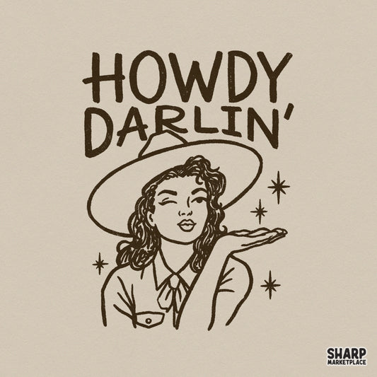 Vintage western cowgirl illustration with a winking woman blowing a kiss, featuring the text Howdy Darlin in brown ink for sublimation and apparel.