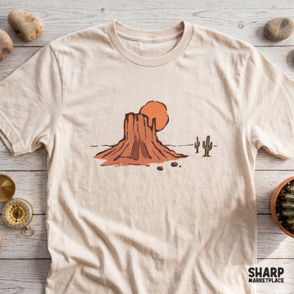 Boho western desert graphic featuring a rugged rock formation and sunset, perfect for creating printable wall art or vintage-inspired clothing designs.