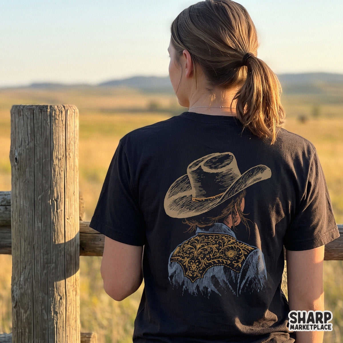 Back view of a cowgirl wearing a floral embroidered shirt and hat in a western country music retro PNG design