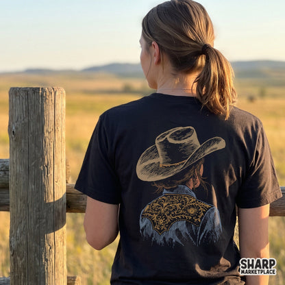 Back view of a cowgirl wearing a floral embroidered shirt and hat in a western country music retro PNG design