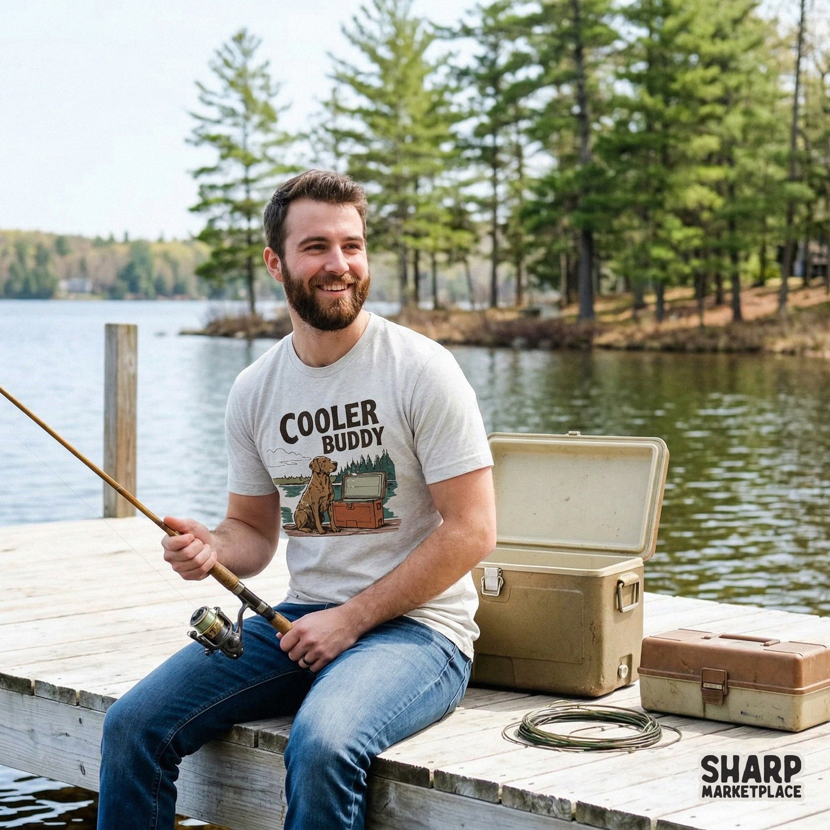 Hand-drawn illustration of a loyal retriever and outdoor cooler on a lake dock, ideal for creating trendy lake life apparel and summer stickers.