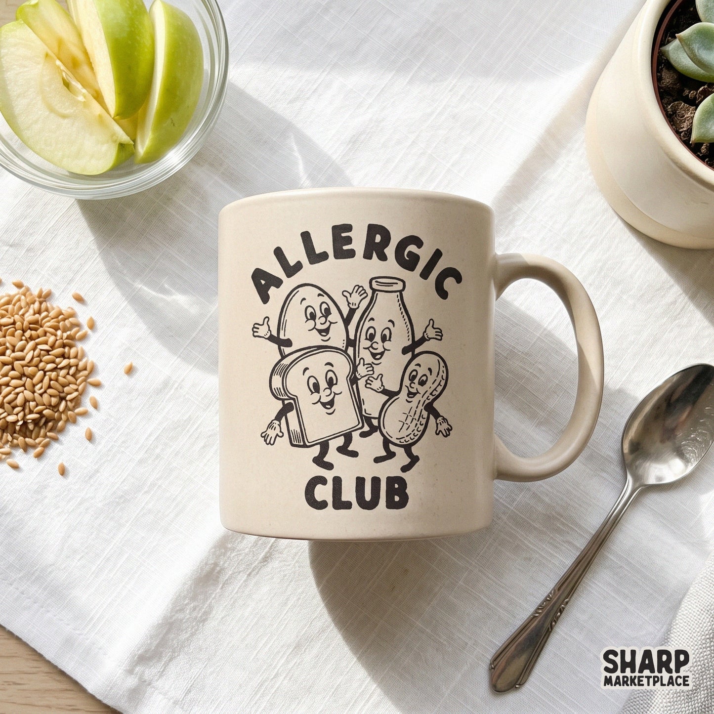 Retro Allergic Club food mascot illustration for funny allergy awareness shirts and dairy free sublimation designs