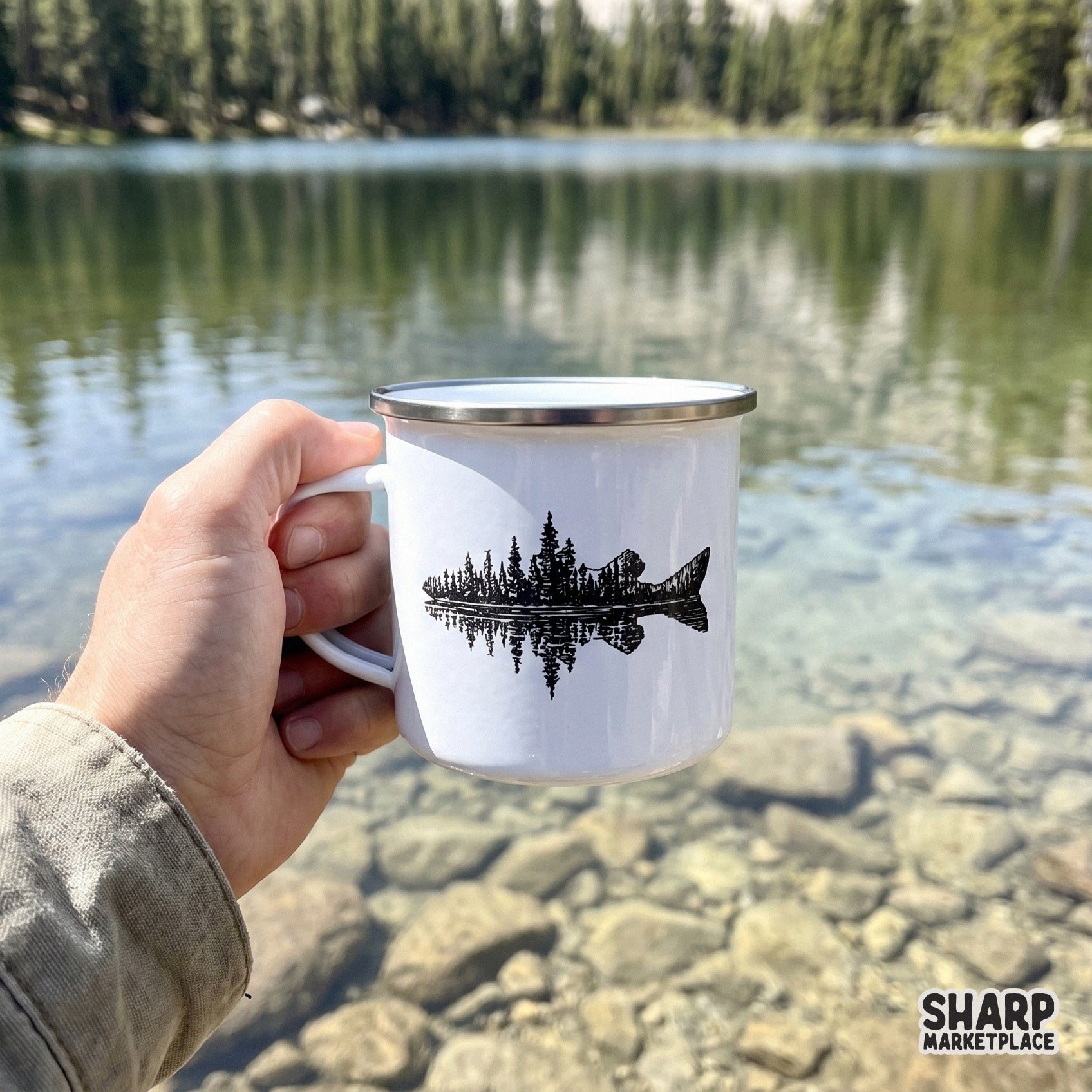 Rustic hand-drawn fish silhouette with a symmetrical water reflection, a versatile digital graphic for camping hoodies, tumblers, and wall art.