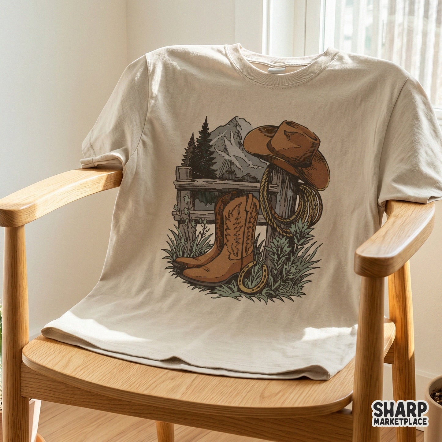 Vintage western cowboy boots and lasso on fence mountain scene retro cowgirl png shirt design