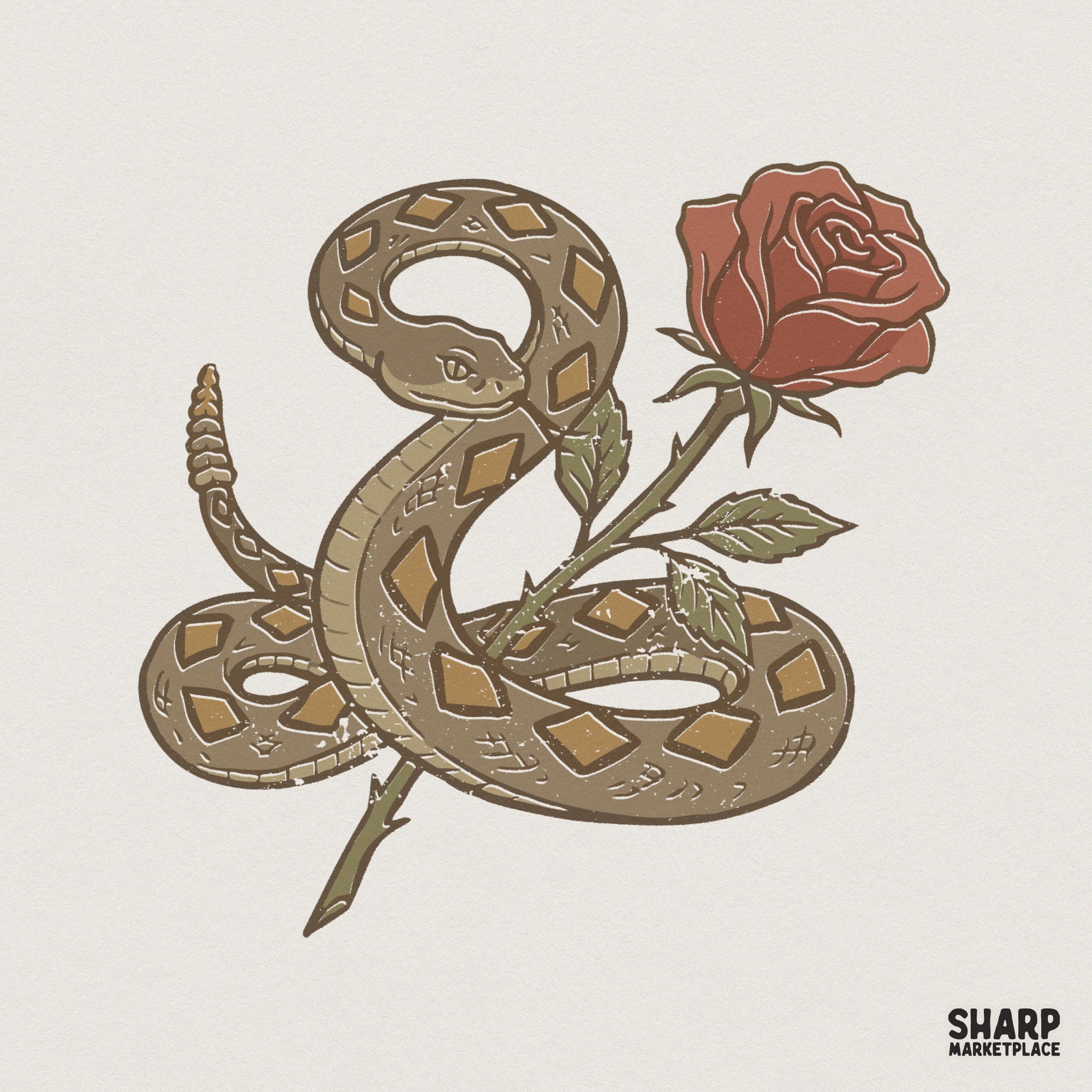 Rattlesnake and Rose PNG, Vintage Tattoo-Style Snake Flower Art - 300 DPI