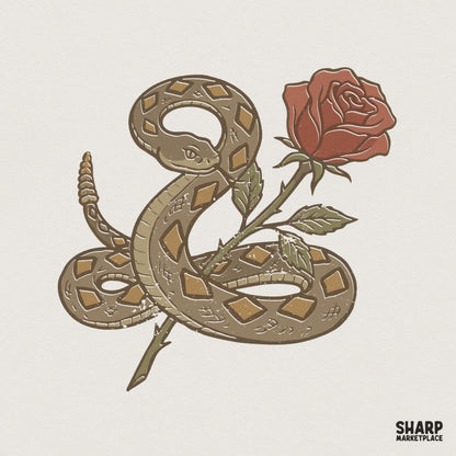 Rattlesnake and Rose PNG, Vintage Tattoo-Style Snake Flower Art - 300 DPI