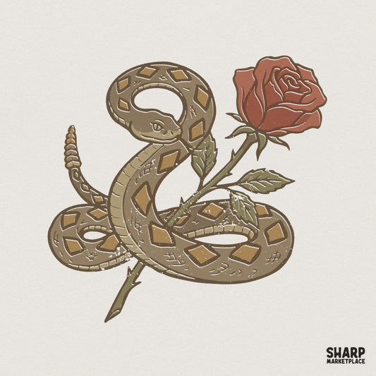 Rattlesnake and Rose PNG, Vintage Tattoo-Style Snake Flower Art - 300 DPI