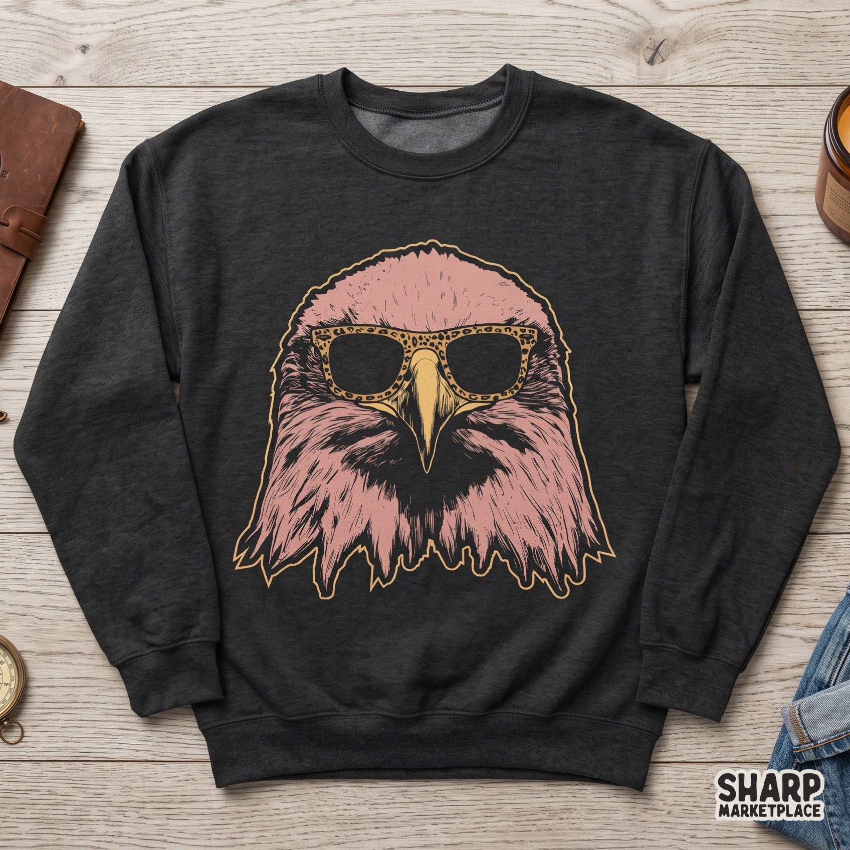Cool eagle illustration wearing leopard sunglasses for retro patriotic png shirt designs
