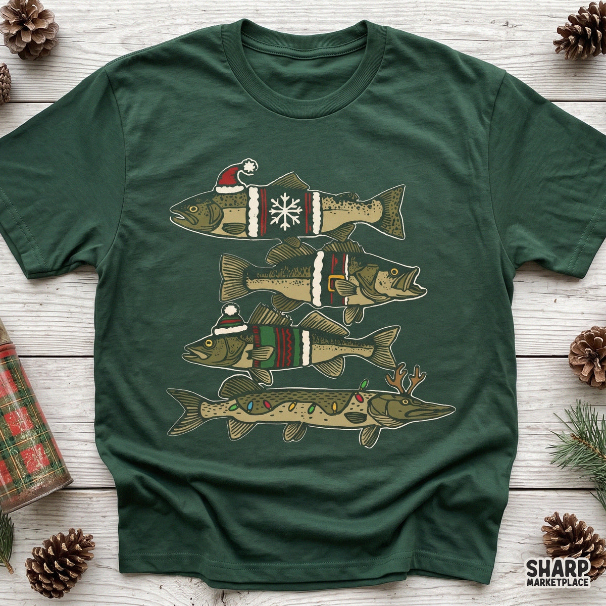 Vintage ugly sweater Christmas fish design for holiday t-shirts and sublimation apparel