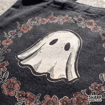 Kawaii cute ghost inside an autumn floral wreath Halloween PNG for t-shirts and sublimation