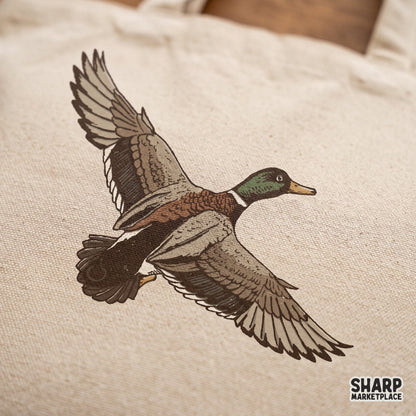 Detailed illustration of a flying mallard duck for duck hunting apparel, camping gear, and outdoor sublimation designs