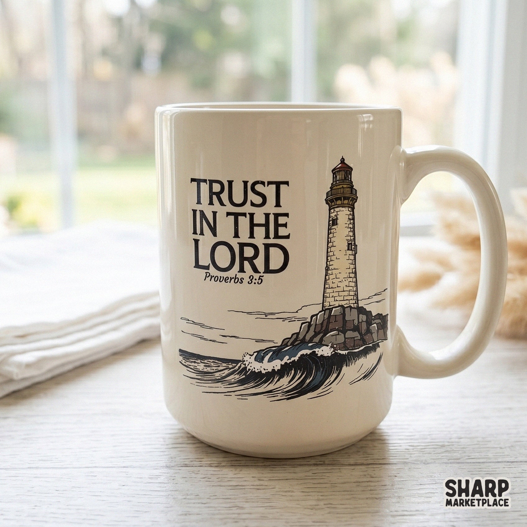Nautical lighthouse and ocean waves design with a Christian Bible verse for t-shirt sublimation and faith digital download