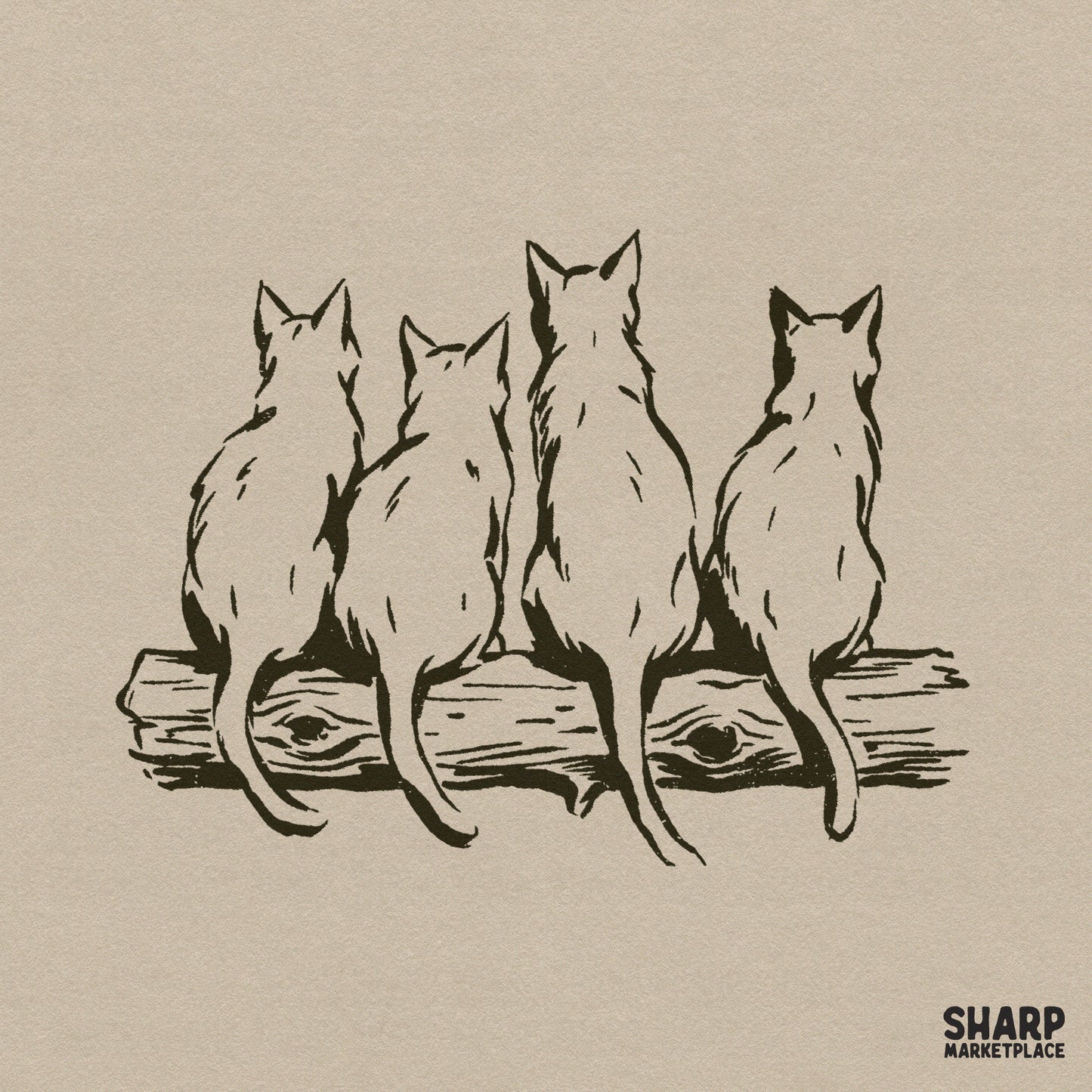 Vintage hand drawn four cats sitting on a log retro shirt png design for animal lovers