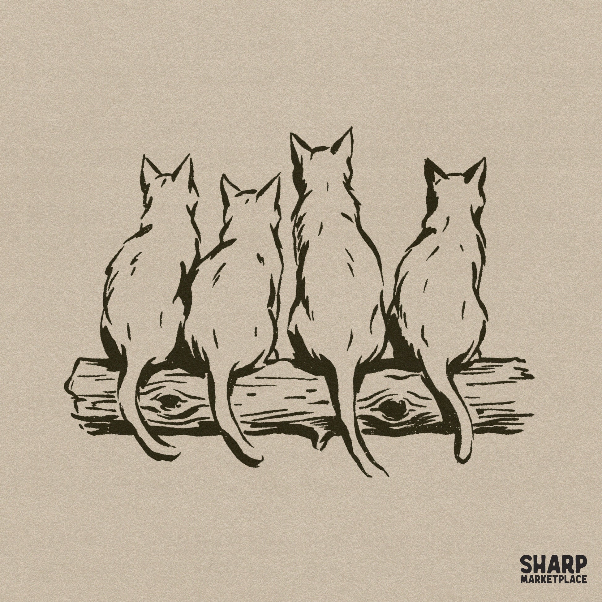 Vintage hand drawn four cats sitting on a log retro shirt png design for animal lovers
