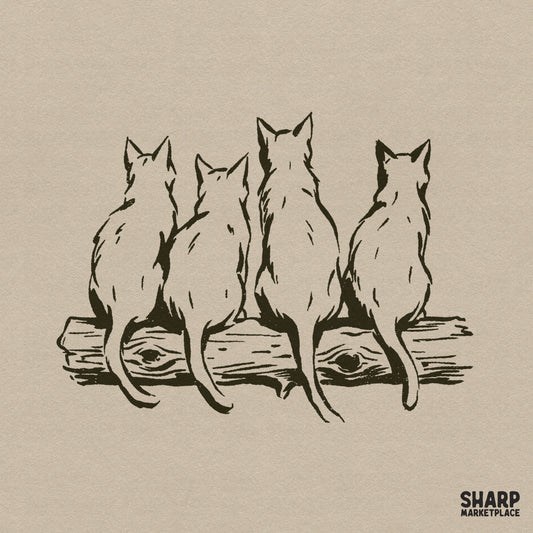 Vintage hand drawn four cats sitting on a log retro shirt png design for animal lovers