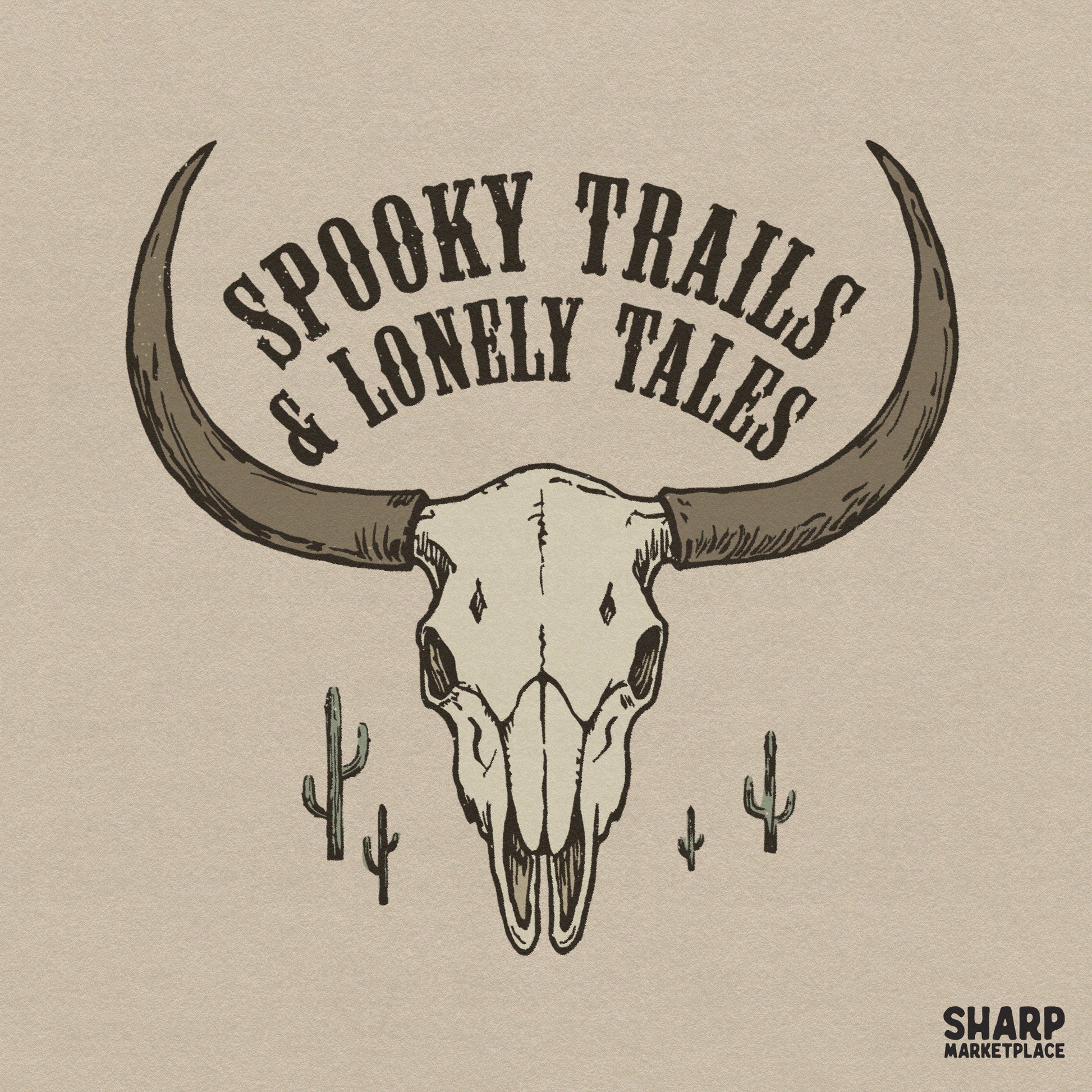 Spooky Trails and Lonely Tales desert goth western cow skull PNG for Halloween and spooky season cowboy graphic tees