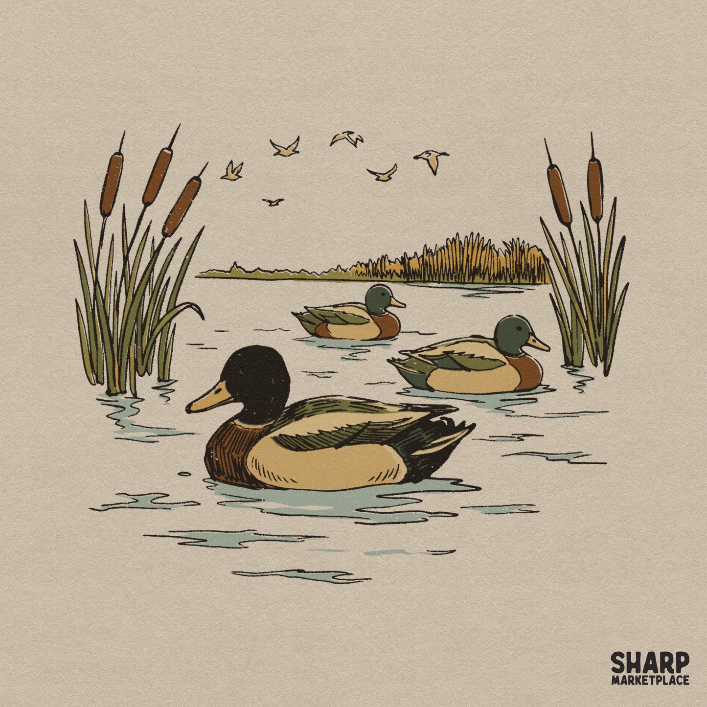 Retro hunting png sublimation design featuring mallard ducks swimming in a pond with cattails for apparel or lake life shirts
