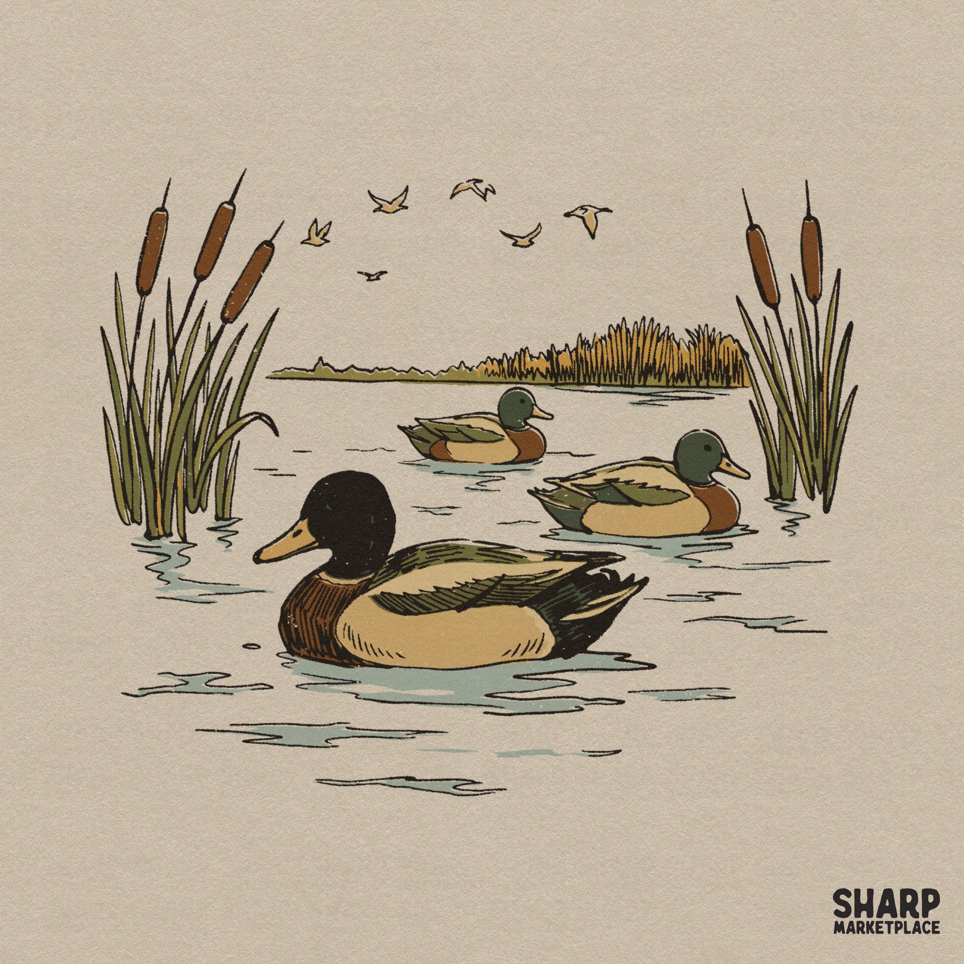 Retro hunting png sublimation design featuring mallard ducks swimming in a pond with cattails for apparel or lake life shirts