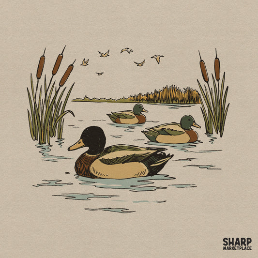 Retro hunting png sublimation design featuring mallard ducks swimming in a pond with cattails for apparel or lake life shirts