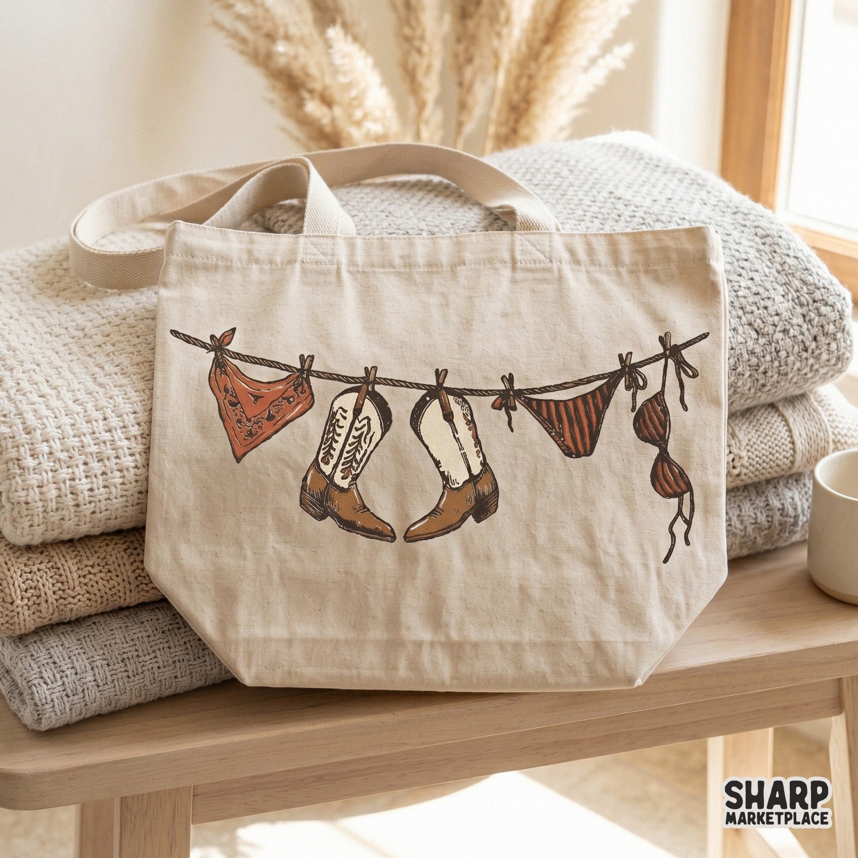 Detailed line art of a rustic cowgirl clothesline with boots and bikini, ideal for digital printing on tumblers, shirts, and home decor items.