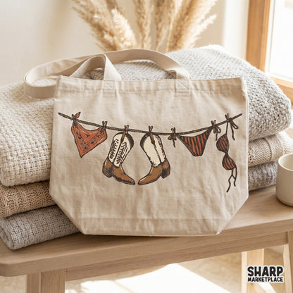 Detailed line art of a rustic cowgirl clothesline with boots and bikini, ideal for digital printing on tumblers, shirts, and home decor items.